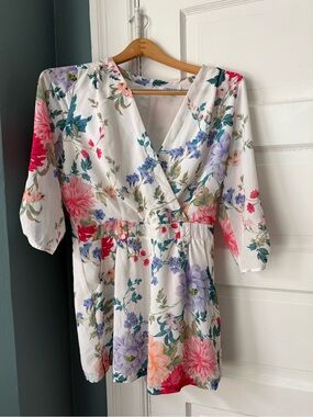 Yumi Kim Floral Wrap V-Neck Mini Romper - White Multicolor
